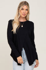 Black Solid Front Overlap Long Sleeve Top