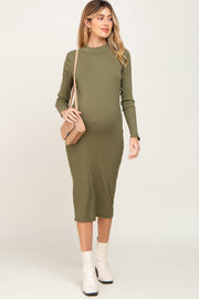 Olive Ribbed Long Sleeve Mock Neck Maternity Midi Dress