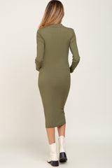 Olive Ribbed Long Sleeve Mock Neck Maternity Midi Dress