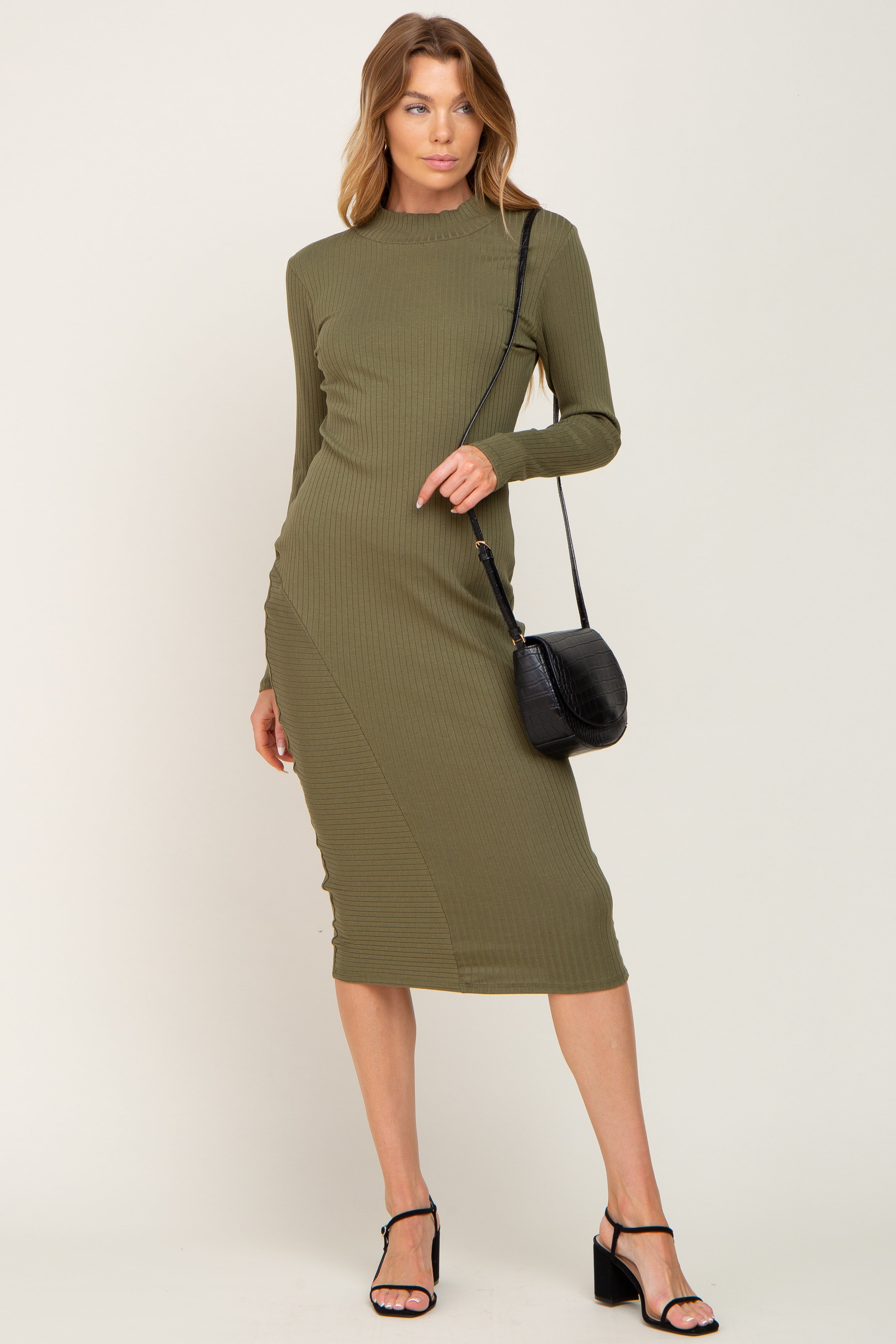 Mock Neck Long Sleeve Ruched Side Dress - Olive