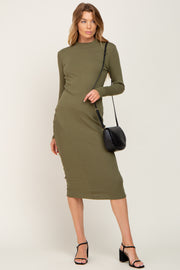 Olive Ribbed Long Sleeve Mock Neck Midi Dress