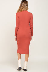 Rust Ribbed Long Sleeve Mock Neck Maternity Midi Dress