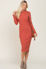 Rust Ribbed Long Sleeve Mock Neck Maternity Midi Dress