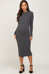 Charcoal Ribbed Long Sleeve Mock Neck Maternity Midi Dress