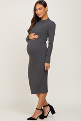 Charcoal Ribbed Long Sleeve Mock Neck Maternity Midi Dress