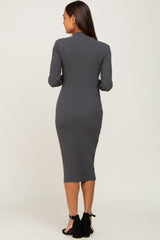 Charcoal Ribbed Long Sleeve Mock Neck Maternity Midi Dress