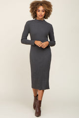 Charcoal Ribbed Long Sleeve Mock Neck Midi Dress