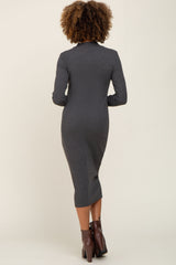 Charcoal Ribbed Long Sleeve Mock Neck Midi Dress