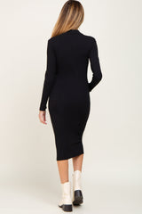 Black Ribbed Long Sleeve Mock Neck Maternity Midi Dress