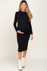 Black Ribbed Long Sleeve Mock Neck Maternity Midi Dress