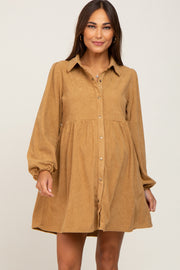 Camel Corduroy Button Down Maternity Dress