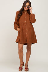 Brown Corduroy Button Down Maternity Dress