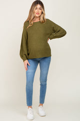 Olive Puff Sleeve Maternity Sweater