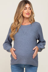 Blue Puff Sleeve Maternity Sweater