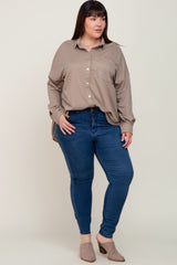 Taupe Button Down Front Pocket Plus Top