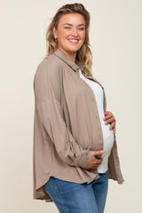 Taupe Button Down Front Pocket Maternity Plus Top