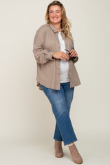 Taupe Button Down Front Pocket Maternity Plus Top