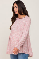 Mauve Floral Ruffle Neck Maternity Top