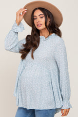 Light Blue Floral Ruffle Neck Maternity Top