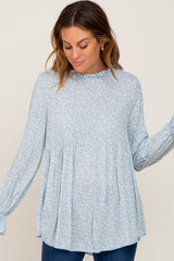 Light Blue Floral Ruffle Neck Maternity Top