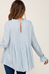 Light Blue Floral Ruffle Neck Top