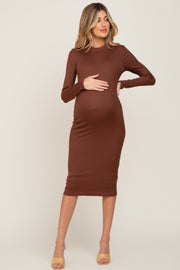 Brown Ribbed Fitted Mock Neck Long Sleeve Maternity Dress