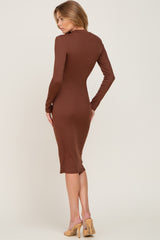 Brown Ribbed Fitted Mock Neck Long Sleeve Dress