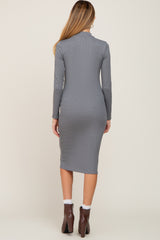 Heather Grey Ribbed Fitted Mock Neck Long Sleeve Maternity Dress