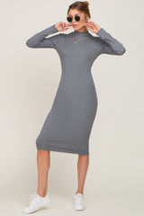 Heather Grey Ribbed Fitted Mock Neck Long Sleeve Dress