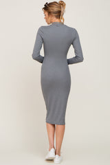 Heather Grey Ribbed Fitted Mock Neck Long Sleeve Dress