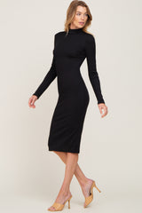 Black Ribbed Fitted Mock Neck Long Sleeve Dress