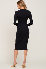 Black Ribbed Fitted Mock Neck Long Sleeve Dress