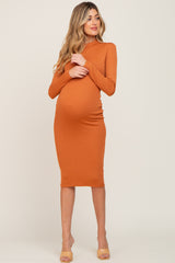 Orange Ribbed Fitted Mock Neck Long Sleeve Maternity Dress