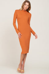 Orange Ribbed Fitted Mock Neck Long Sleeve Dress