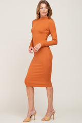 Orange Ribbed Fitted Mock Neck Long Sleeve Dress