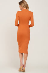 Orange Ribbed Fitted Mock Neck Long Sleeve Dress