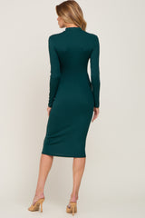 Hunter Green Ribbed Fitted Mock Neck Long Sleeve Dress