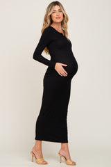 Black Ribbed Long Sleeve Maternity Maxi Dress