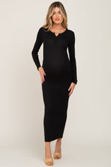 Black Ribbed Long Sleeve Maternity Maxi Dress