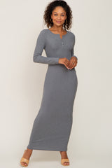 Grey Ribbed Long Sleeve Maternity Maxi Dress