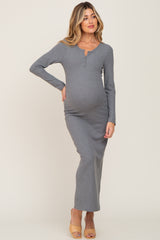 Grey Ribbed Long Sleeve Maternity Maxi Dress