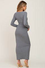 Grey Ribbed Long Sleeve Maternity Maxi Dress