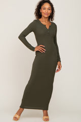 Olive Ribbed Long Sleeve Maternity Maxi Dress