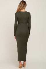 Olive Ribbed Long Sleeve Maternity Maxi Dress