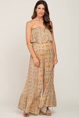 Taupe Floral Sleeveless Wide Leg Maternity Jumpsuit