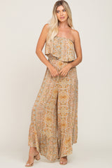 Taupe Floral Sleeveless Wide Leg Jumpsuit