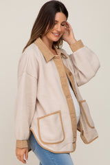 Cream Fleece Colorblock Maternity Coat