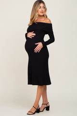 Black Ribbed Knit Foldover Off Shoulder Maternity Midi Dress