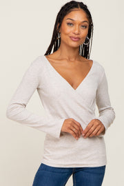 Beige Ribbed Long Sleeve Wrap Nursing Top