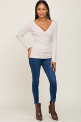 Beige Ribbed Long Sleeve Wrap Nursing Top